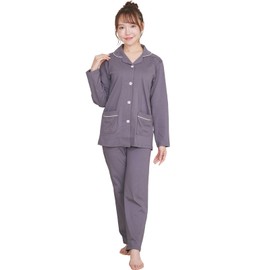 Luanna Jena QWHI07 Women's Pajamas, 100% Cotton, Room Wear, Mercered, Sheeting, Long Sleeve, Top and Bottom Set, Spring, Summer, Autumn, Winter, Comfortable Sleep Specifications, charcoal gray