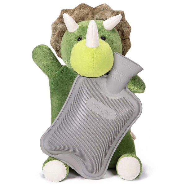 HomeTop Premium Classic Rubber Hot and Cold Water Bottle with Cute Stuffed Triceratops Cover (2L, Gray)