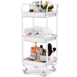 TOOLF 3-Tier Storage Rolling Cart, Kitchen Utility Cart with Wheels, Plastic Organizer Cart Rolling Trolley Shelving Unit, Storage Rack for Kitchen, Bathroom, Living Room