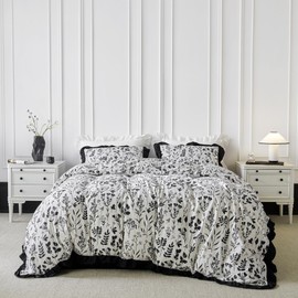 SUSYBAO Black White Flower Duvet Cover King 100% Cotton 3 Pcs Set 1 Black Ruffled Botanical Duvet Cover with Zipper Ties 2 Pillow Shams Vintage Farmhouse Floral Ruffle Bedding Set Soft