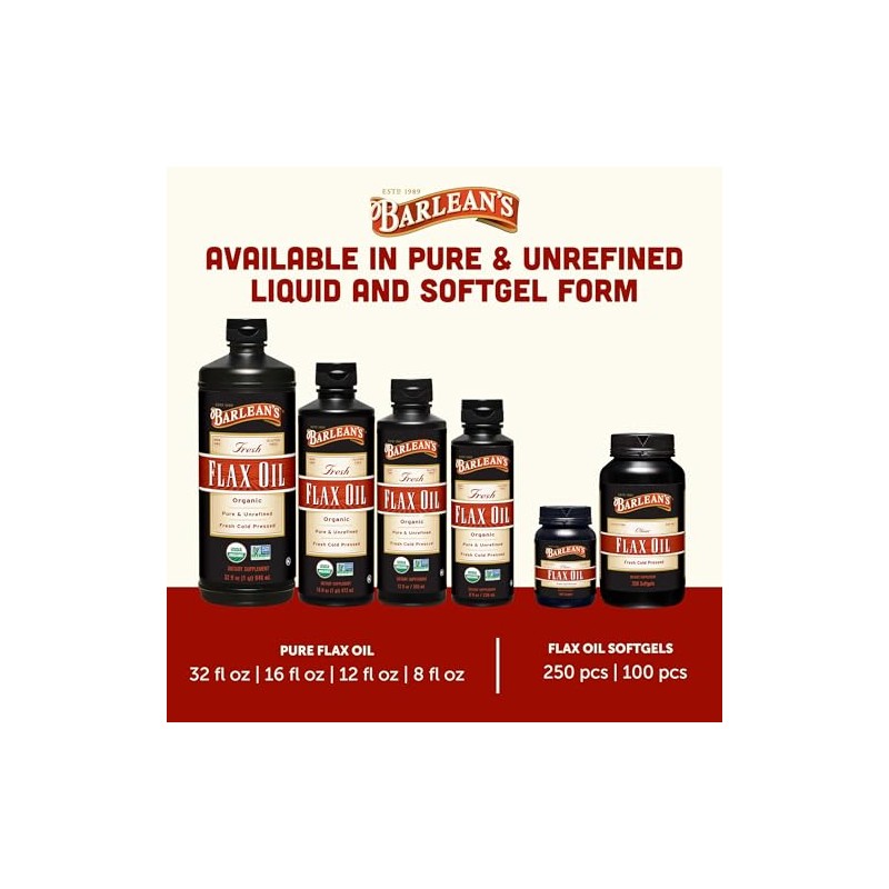 Barlean's Organic Oils Fresh Flax Oil Softgels, 100 Count Bottle
