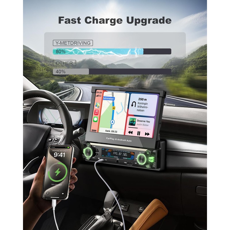 【Upgrade】Y-METDRIVING Single Din Motorized Flip Out Touchscreen Car Radio with