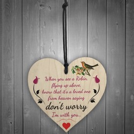 RED OCEAN Robins Are Loved Ones From Heaven Hanging Wooden Heart Plaque Memorial Sign