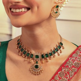 TARINIKA Indian Jewelry Set for Women Emerald Shine Green and White Cubic Zirconia Choker Set with Earrings - Gold Plated Brass Fashion Jewelry Gift for Women Bollywood Costume Jewellery