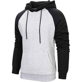 Wielsscca Mens Hoodies Patchwork Pullover Color Block Sweatshirts Casual Drawstring Tops with Pocket Light Gray L