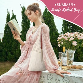 Pleneal Crochet Tote Bag, Mesh Beach Bag, Knitted Shoulder Tote Vacation Arsthetic Boho Tote for Women