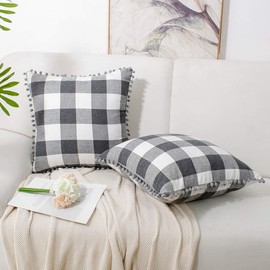 PiccoCasa Pack of 2 Decorative Cushion Covers, Check Throw Pillow Covers with Pom-poms - Classic Retro Cushion Covers for Sofa Bedroom, 45x45cm/18x18 in Throw Pillow Cases Grey and White