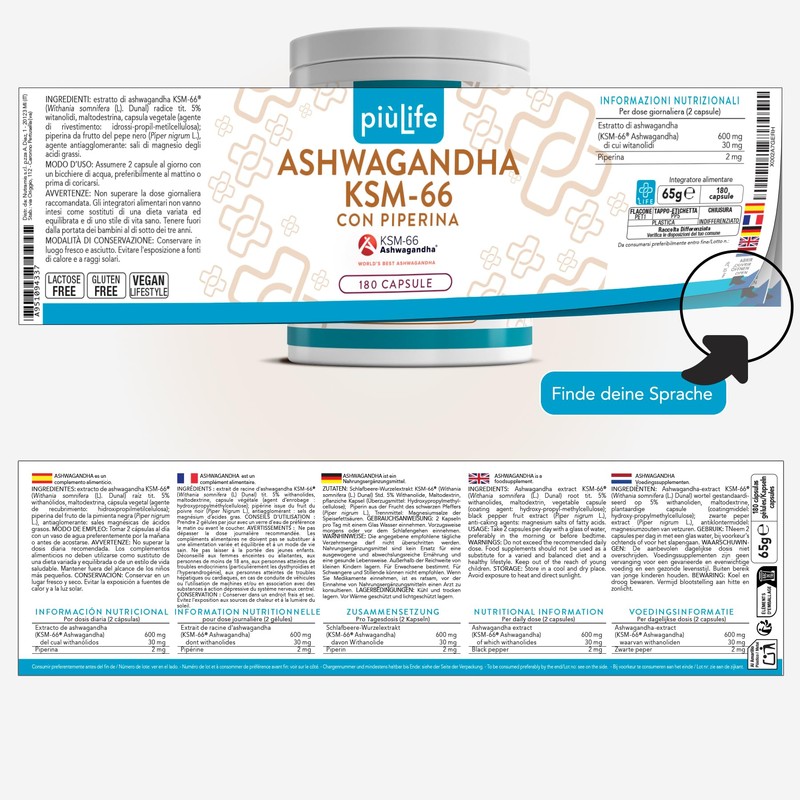 Ashwagandha KSM-66 600 mg PiùLife - Extract from Root 5%