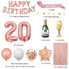 Fancypartyshop 20th Birthday Decorations - Rose Gold Happy Birthday Banner and Sash with Number 20 Balloons Latex Confetti Balloons Ideal for Girl and Women 20 Years Old Birthday Rose Gold