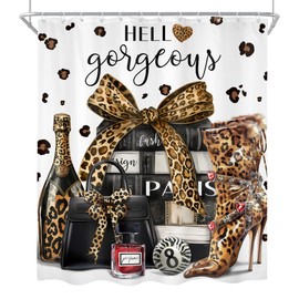 Cinbloo 4Pcs Brown Leopard Shower Curtain Set, Cheetah Bathroom Curtain with Rug, Toilet Lid Cover, Bath Mat, Fashion Luxury Magazine Books Perfume High Heels Girly Shower Curtain with 12 Hooks