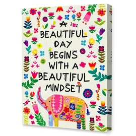 A Beautiful Day Begins with A Beautiful Mindset Canvas Framed Art, Colorful Flowers Elephants Motivational Mindset Canvas Framed Print for Teens Girls Home Bedroom Dorm Office Wall Decor 12" x 15"