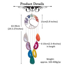 Nupuyai Tree of Life Agate Slices Wind Chimes, 7 Chakra Healing Crystal Hanging Ornament Wall Art Home Window Decor Nature