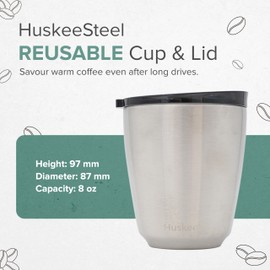HUSKEE 8oz Stainless Steel Coffee Cup - Reusable, Stackable & Insulated Cup with Lid - No Spill Travel Cups for Hot Drinks, For Coffee Lovers & On-the-Go - Brushed Steel