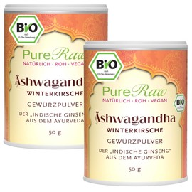 PureRaw Ashwagandha Pulver Bio (Roh Vegan) Schlafbeere Wurzeln Aschwagander Winterkirsche Indischer Ginseng Aswanghanda Pulver - Organic Withania Somnifera Root Powder | PureRaw 100g (=2x 50g)