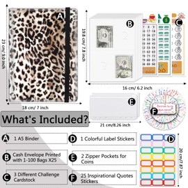 100 Envelopes Money Saving Challenge A5 Money Saving Binder with Cash Envelopes，Budget Binder Savings Challenge Book for 100 Day to Save $5,050 for Budgeting Planner，Leopard Pattern