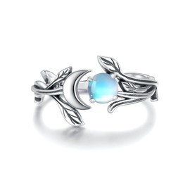 Mic Tai 925 Sterling Silver Opal Turquoise Moonstone Moon Ring - Adjustable Vintage Crescent Moon Ring Fire Opal Planet Earth Jewelry for Women (moonstone)