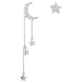 Star Moon Asymmetrical CZ Stud Tassel Chain Dangle Drop Earrings for Women Girls S925 Sterling Silver Crystal Star Crescent Constallation Tragus Post Pin Hypoallergenic Earring Delicate Gift