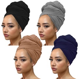 Kachanaa 4 Pieces African Turbans Head Wraps Jersey for Black Women Stretch Scarf Urban Long Solid Color Breathable Soft Head Bands for Sleeping