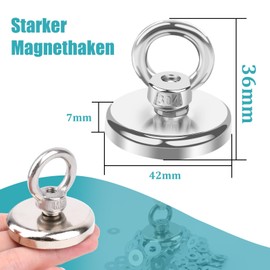 MIN CI Neodymium Magnets 70kg（155lbs） Round Strong Magnets Heavy Duty 42mm Fishing Magnet Large, Rare Earth Magnets with Holes Industrial Magnet with Eye for Hanging Hoisting, 6 Pack