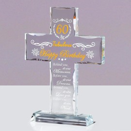 Movdyka Crystal 60th Birthday Cross Gifts for Women Men Engraved Glass 60 Years Old Birthday Presents Ideas for Mum Nan Christian 60th Birthday Religious Decoration Keepsake