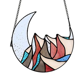 BOXCASA Mountains with Crescent Moon Stained Glass Window Hanging,Moon Mountain Decor Birthday Gifts for Men Adventure Hiking,Camping,Farmhouse Living Room Bedroom Decoration …