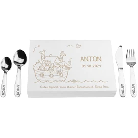 LAUBLUST Children's Cutlery with Engraving – Individually Engraved Wooden Gift Box – White | Stainless Steel Cutlery 4 Pieces – Gift with Name – Memory of Baby and Children's Time | Noah's Ark