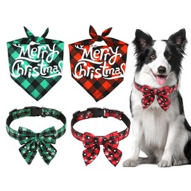Pack of 2 Dog Bandana and 2 Pieces Bow Tie Dog Collar, Christmas Scarf Dog, Headscarves for Dogs, Bandana Dog for Christmas, Triangle Bibs for Dogs, Dog Christmas Gifts