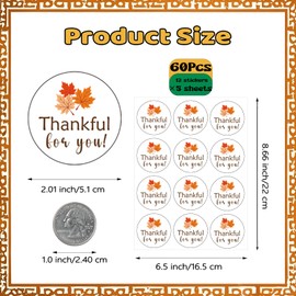 SerpizePaty 60pcs Fall Thankful for You Stickers, 2" Thanksgiving Stickers for Kids with Maple Leaves, Autumn Envelope Seal Stickers for Friendsgiving Goodie Bags Cup Party Favors Decorations
