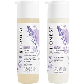 The Honest Company Acondicionador sin silicona y champú limpiador 2 en 1 + dúo de gel de baño | Suave para el bebé | Derivado Naturalmente | Calma de lavanda, 20 onzas líquidas