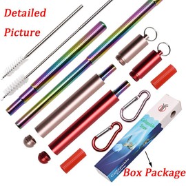RZJZGZ 2 Pack Telescopic Reusable Straw, Collapsible Stainless Steel Straws, Portable Metal Drinking Straws with Aluminum Key-Ring Case & Cleaning Brush for Travel, Home, Work (Red and Rose Gold)