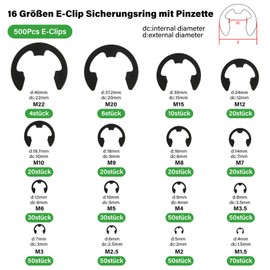 Realure Pack of 500 E-Clip Circlips Set, 16 Sizes M1.5-M22 Snap Rings Assortment Set, Carbon Steel Circlips with Storage Box & Tweezers, for Attaching Bearings, Gears