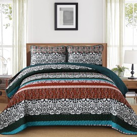 DJY Boho Quilt Set Queen Size, 3 Piece Bohemian Striped Revesible Bedspread Coverlet Set, Soft Microfiber Turquoise and RedPatchwork Pattern Bedding Quilts Set All Season, 96''x90''