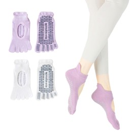 [number-kp] Set of 2, Pilates Socks, Yoga Socks, 5 Toes, Anti-Slip, Women's, Fitness, Gym, Sweat Absorbent, Quick Drying, LAVENDER x WHITE, Free size