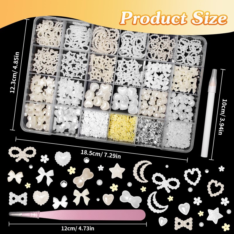 3D Flatback Pearls Nail Charms, White Beige Mix Styles Star