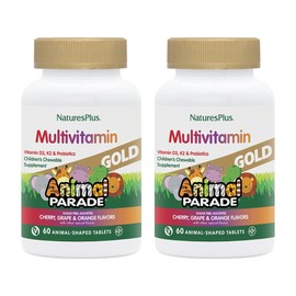 Natures Plus Animal Parade Gold Children's Multivitamin - Assorted Cherry, Orange & Grape Flavors - 60 Chewable Tablets, Pack of 2 - Vegetarian, Gluten Free - 60 Total Servings