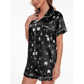 YIJIU Womens Silk Satin Pajamas Set Soft Short Sleeve Sleepwear Button Down Loungewear 2 Piece Pjs Shorts Set,Black Cat,L