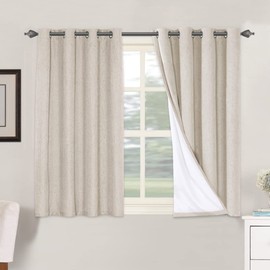 Linen Blackout Curtains 45 Inches Long 100% Absolutely Blackout Thermal Insulated Textured Linen Look Curtain Draperies Anti-Rust Grommet, Energy Saving with White Liner, 2 Panels, Natural