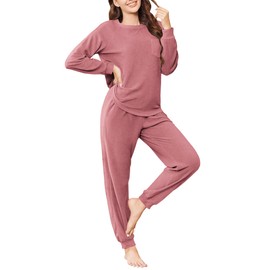 Ekouaer Womens Fuzzy Fleece Pajama Sets Long Sleeve Jogger Sets Comfy Sleepwear Loungewear with Pockets,XX-Large,Pale Violet Red