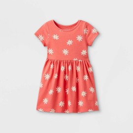 Coral Cat & Jack Toddler Girls' Printed Knit Short Sleeve Coral Cotton Dress Size 4T