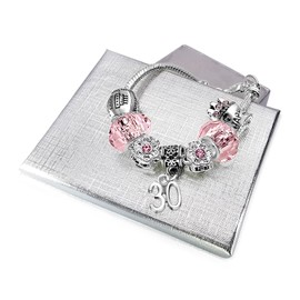 30th Birthday Sparkly Pink Crystal and Silver Plated Adjustable Celebration Charm Bracelet with Gift Box for Women 30th Birthday Gifts