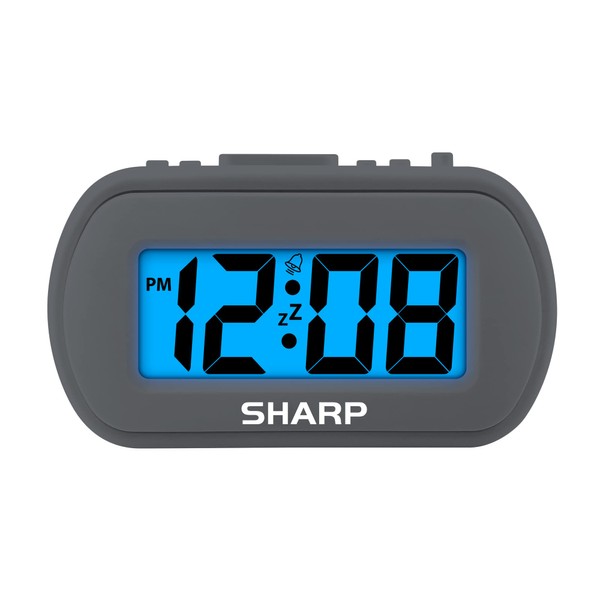 SHARP Reloj despertador digital - Caja táctil con acabado de goma suave - Funciona con pilas - Retroiluminación azul bajo demanda - Alarma ascendente - Fácil de usar - Negro carbón