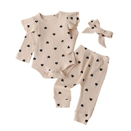 Baby Girl Clothes Infant Girls Outfits 3PC Rib Frill Long Sleeve Romper Pants Headband Set (Apricot, 9-12 Months)