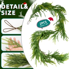 YUNAI 2PCS Norfolk Pine Garland, 6FT Artificial Cedar Christmas Garland for Mantle Fireplace Table Home Indoor, Dense Real Touch Greenery Green Garland for Christmas Decorations