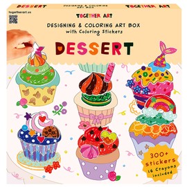 Together Art Designing & Coloring Art Box: Dessert, 300+ Coloring Stickers, (7 Background Sheets & 7 Sticker Sheets, and One Sticker Sheet), Included 16 Crayons, for Kids and The Whole Family