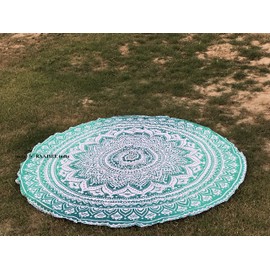 raajsee Green Ombre Round Beach Tapestry Hippie/Boho Beach Blanket Roundie/Indian Cotton Throw Bohemian Round Table Cloth/Yoga Mat Meditation Picnic Rugs 69 inch Circle