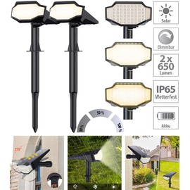 Luminea Solar Garden Spotlights: Set of 2 High-Power Solar LED Garden Spotlights, 650 lm, IP65, Warm White (Garden Spotlight LED Ground Spike Solar, Patio Lighting Solar, Garden Light Floor Lamp)