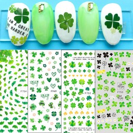 St. Patrick's Day Nail Art Stickers 6 Sheets Green Shamrock Four Leaf Clover Design Nail Decals for Nail Art 3D Self-Adhesive Nail Art Supplies for Women Girls Kids St. Patrick's Day Nail Decorations