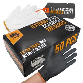 HDMNDD Black Disposable BBQ Grill Gloves Kit - 50 Heavy Duty Textured Grip and 2 Heat Resistant Reusable Liners Meat Pulling (Full Palm & Finger Texture, X-Large)