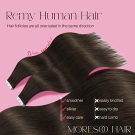 Moresoo Brown Tape in Hair Extensions Human Hair Invisible Hair Tape in Extensions Real Brown Hair Extensions Tape in Real Human Hair #4 16Inch 50G