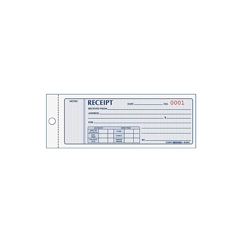 rediform Receipt Book, 7 x 2 3/4, Carbonless Triplicate, 50